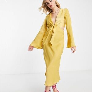 tie front satin midi dress with flared sleeve